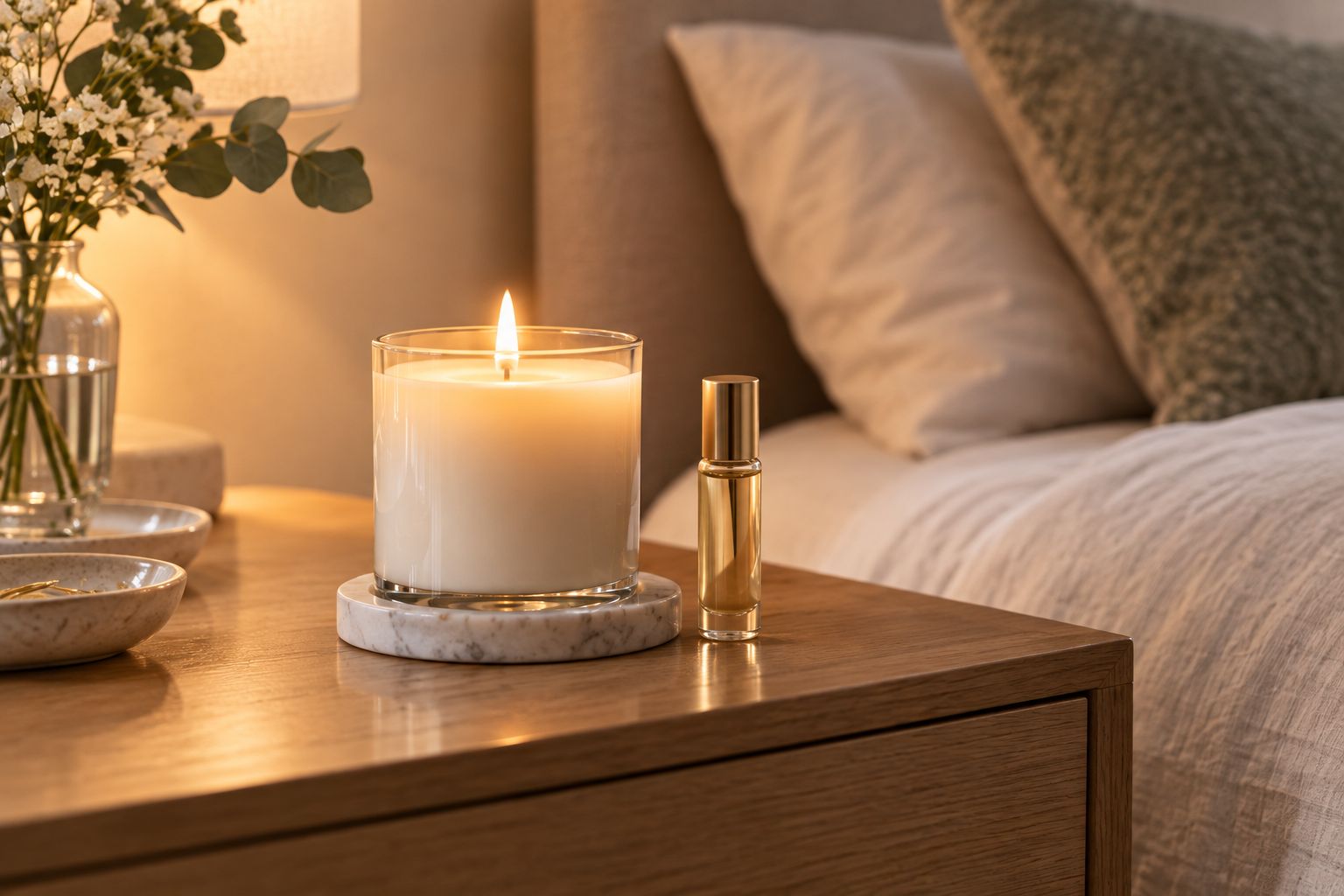 Scented candle and rollerball perfume bottle together on a nightstand