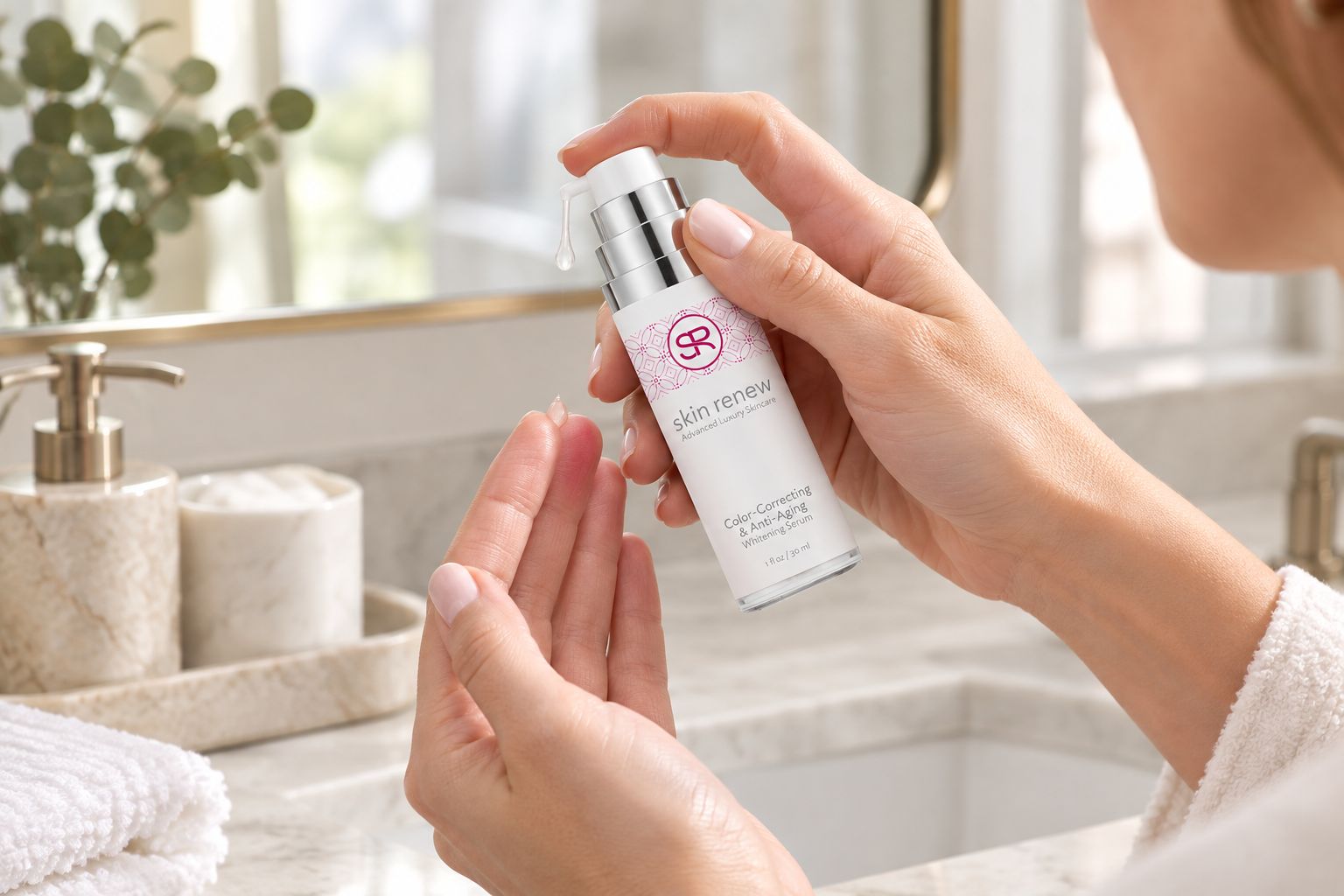 Vitamin C serum bottle held up before a morning skincare application