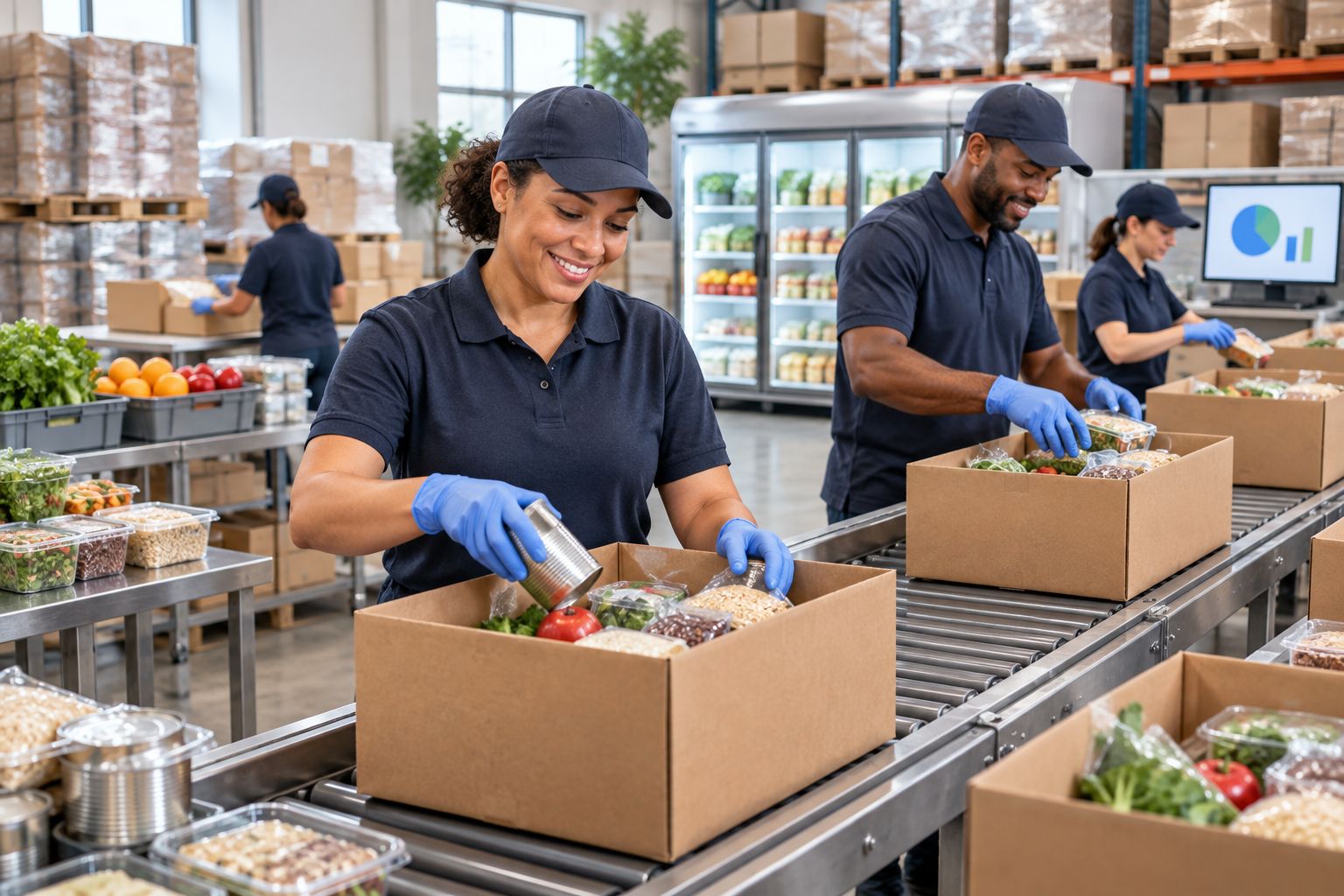 Warehouse workers assembling food kits on a packing line