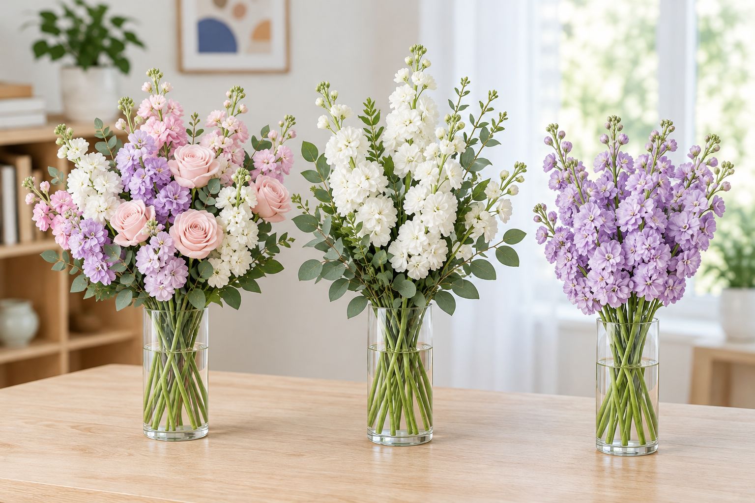 Pastel stock with roses, white stock with foliage and lilac stock alone show different bouquet shapes.