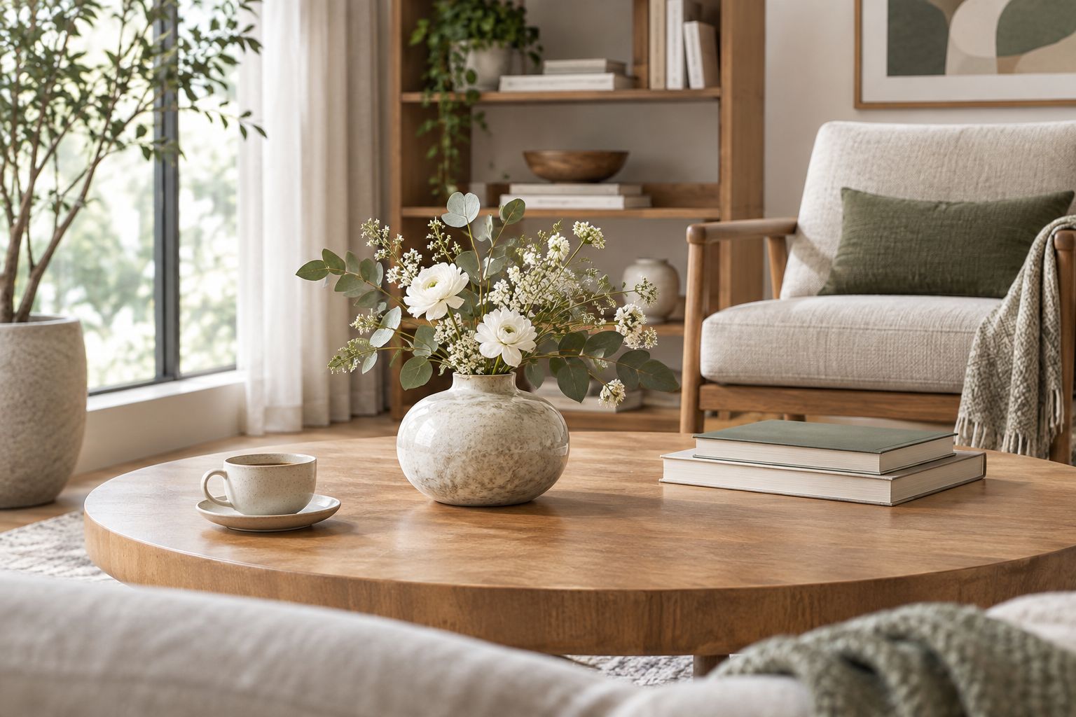 Low ceramic vase on a timber coffee table with clear space around the arrangement