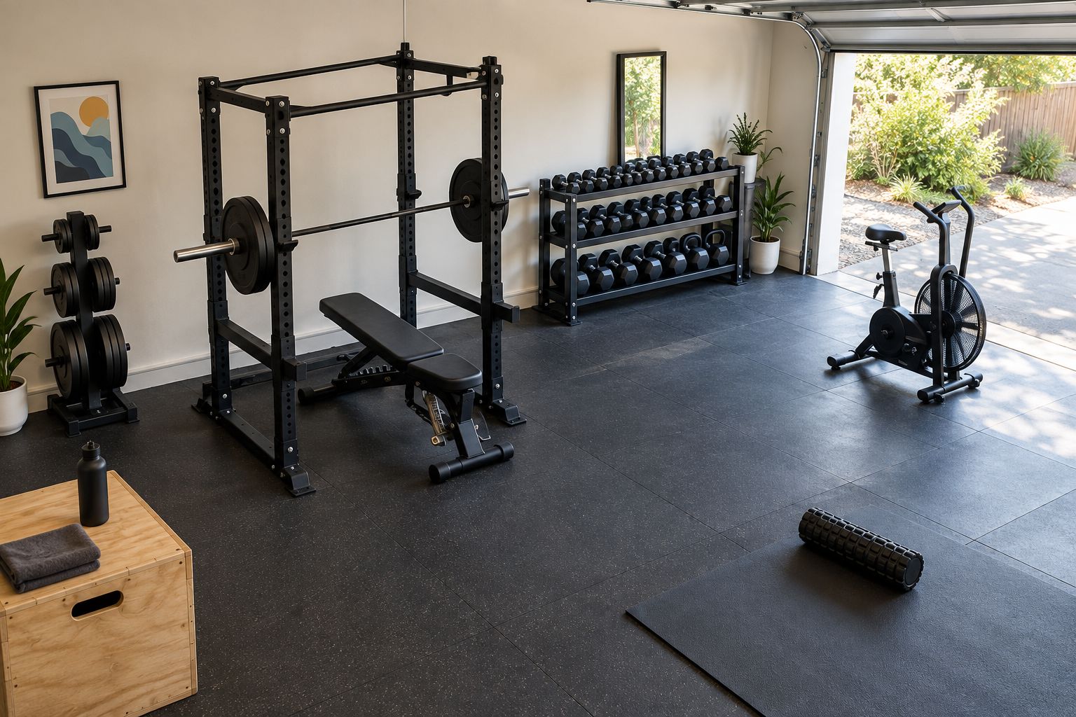 Garage gym with separate lifting and cycling areas and an unobstructed route to the doorway
