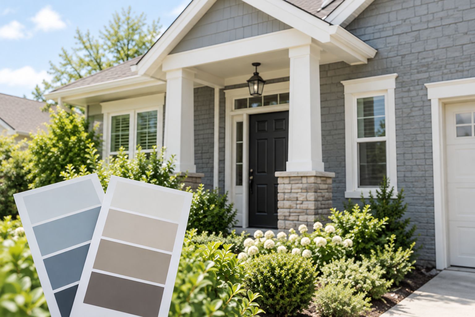 Exterior paint sample boards viewed beside existing brick and trim
