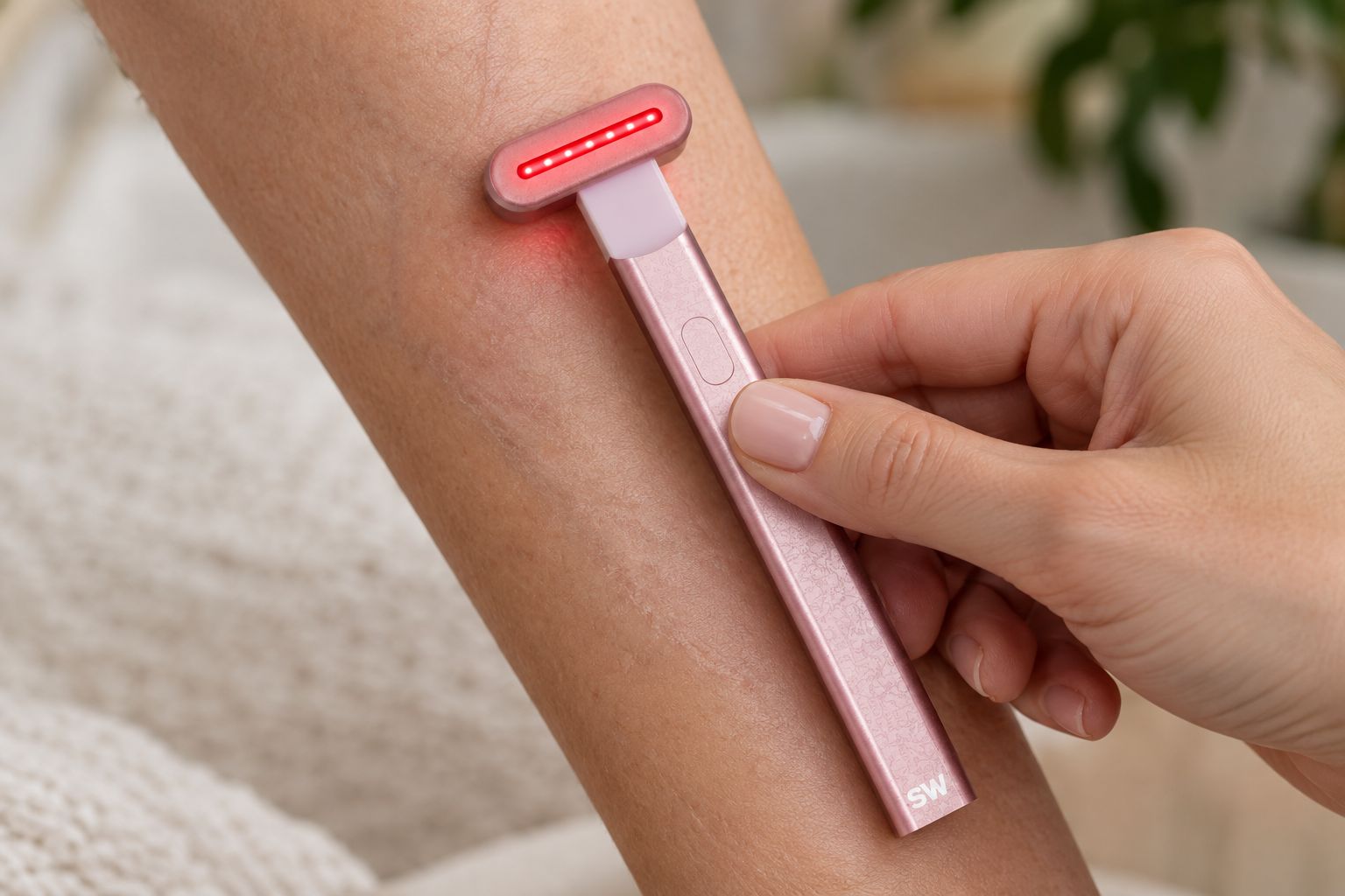 Red light therapy wand gliding over healed tattoo removal skin on the forearm