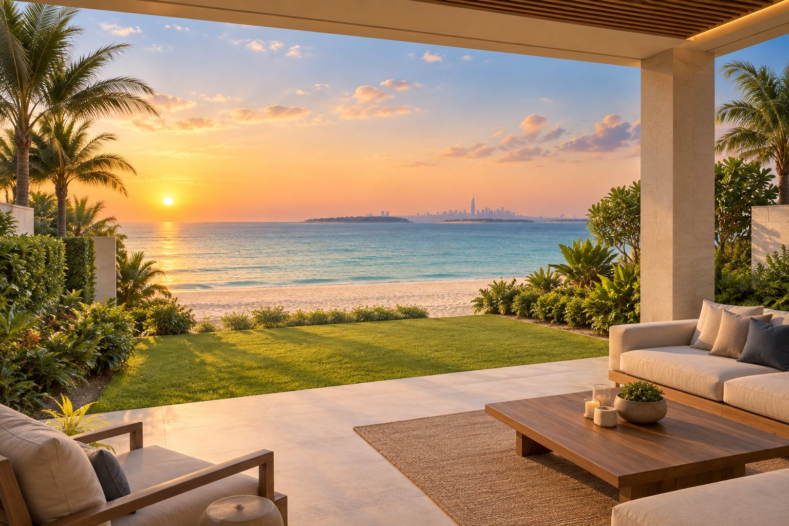 Beachfront villa garden showing the connection between a shaded terrace, boundaries and the shoreline