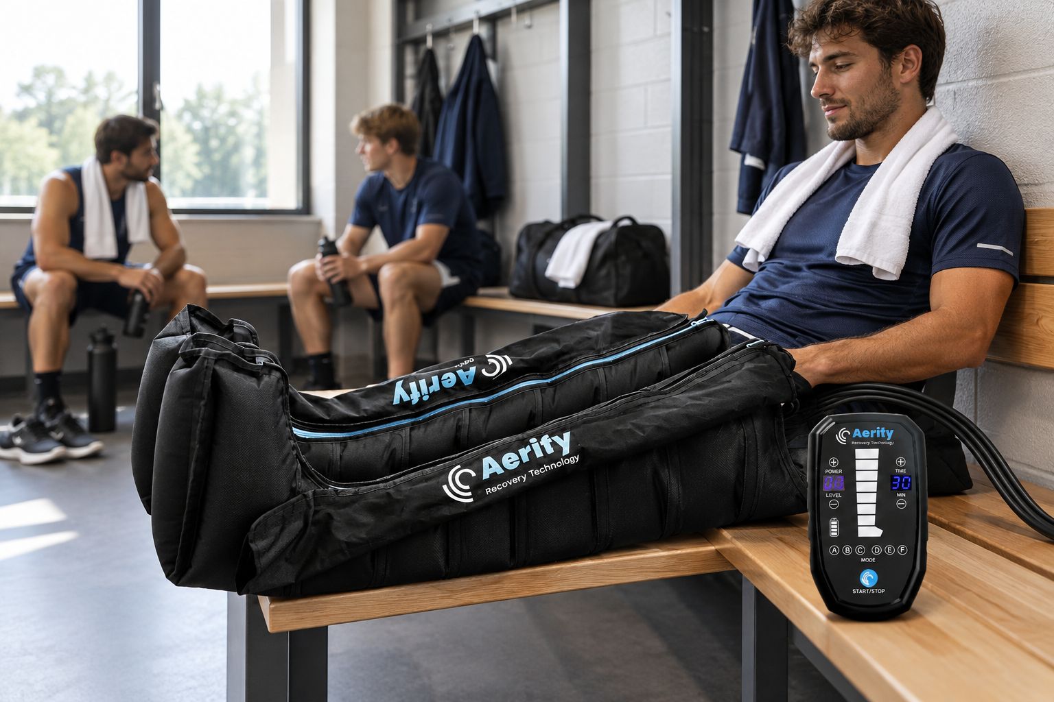 Athlet nutzt Kompressionsboots im Vereins-Recovery-Bereich nach dem Training