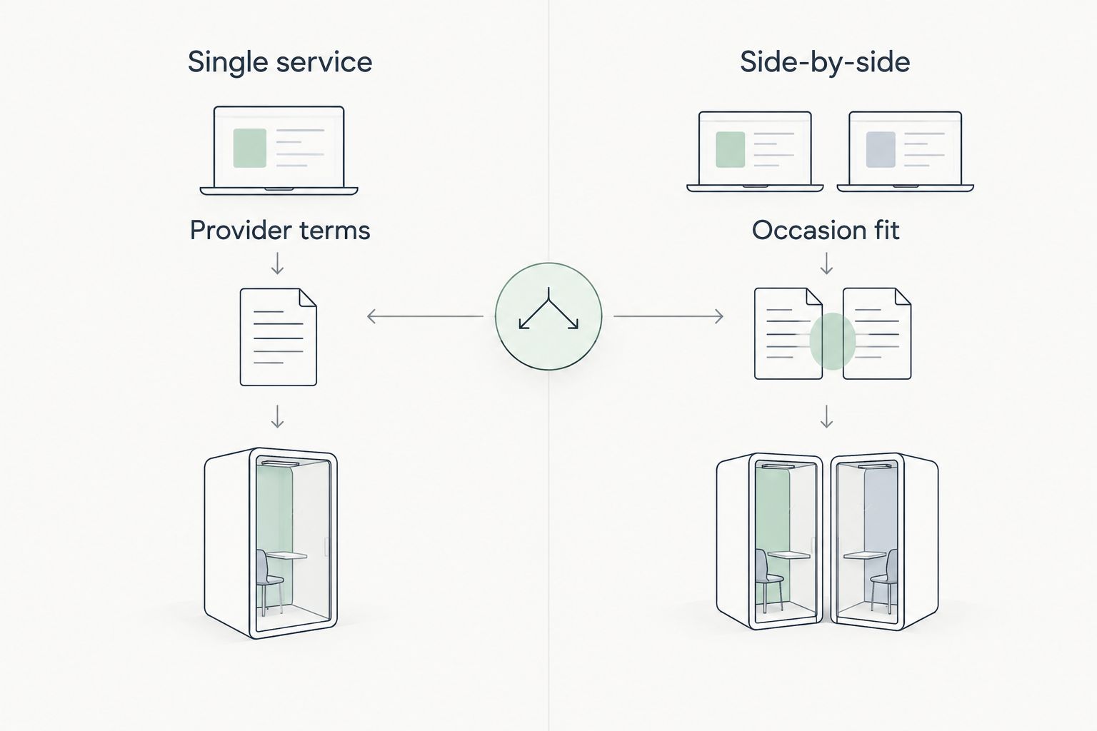 Two-column diagram comparing a single service with side-by-side evaluation