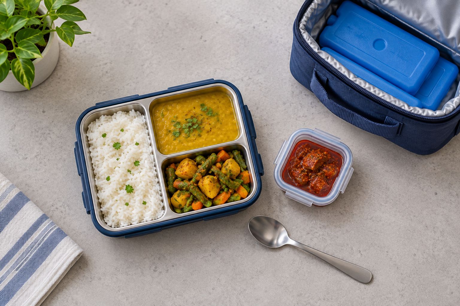 Packed meal with pickle in a separate closed container beside an insulated lunch bag