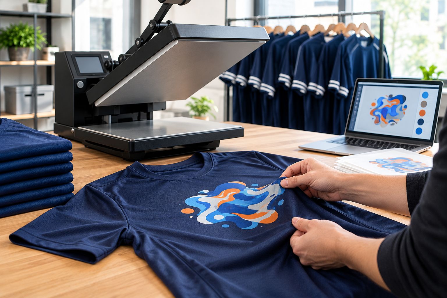 Decorator inspecting the edges of a test transfer on a polyester sports jersey