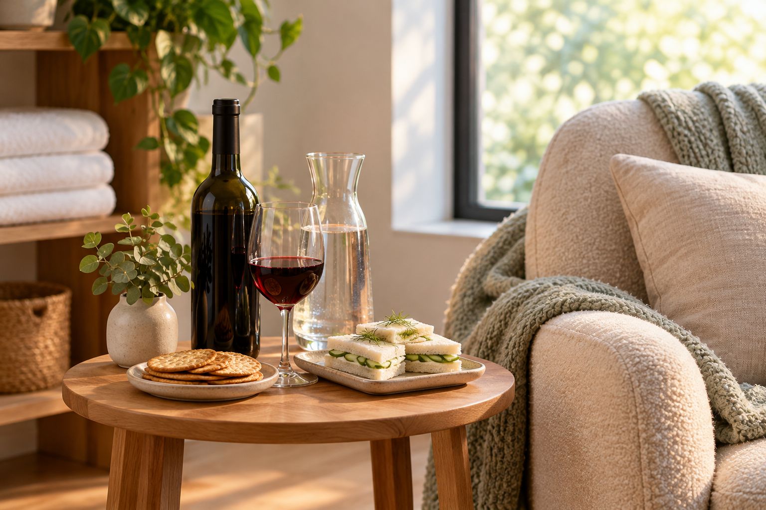Separate wine and snack table beside a chair, with water and towels nearby