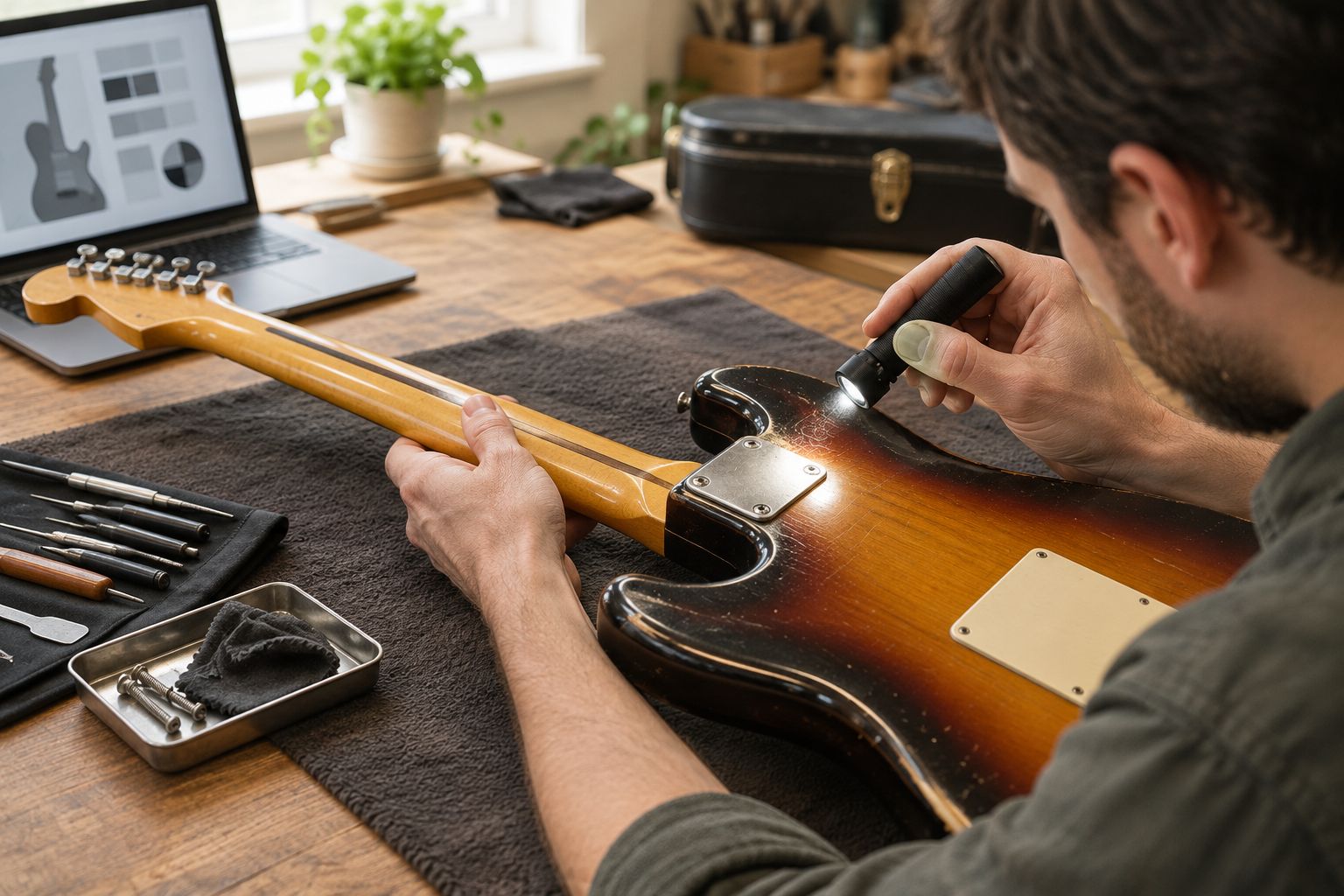 A technician examining a guitar's neck joint and surrounding finish on a padded repair bench