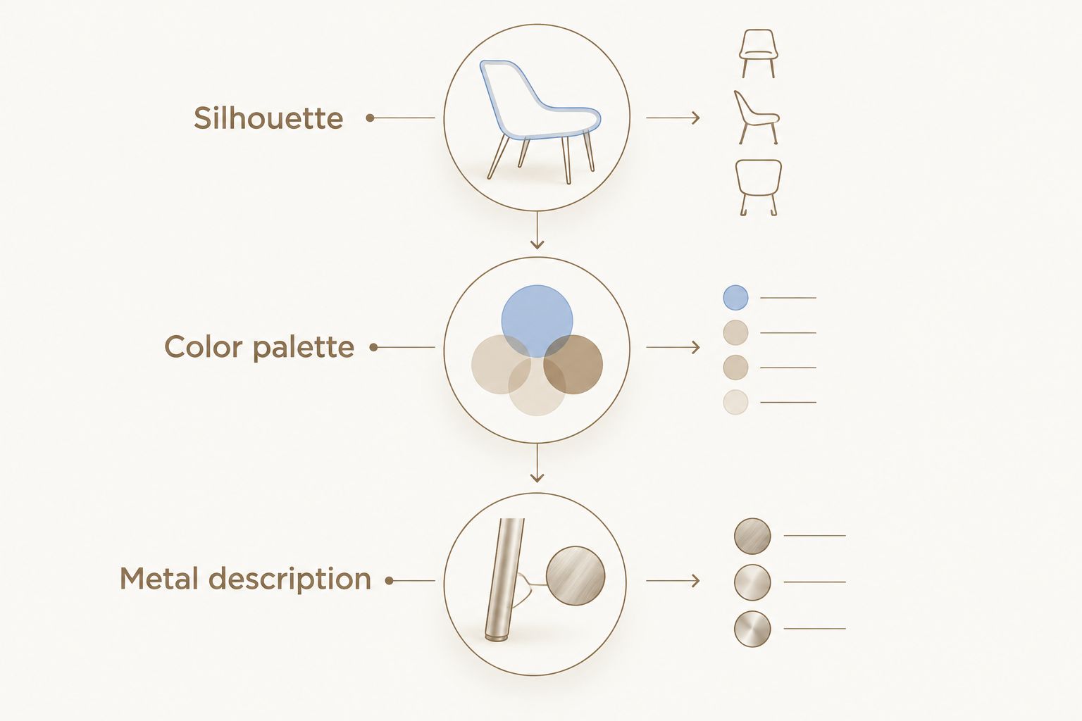 Three selection stages: silhouette, color palette, and metal description