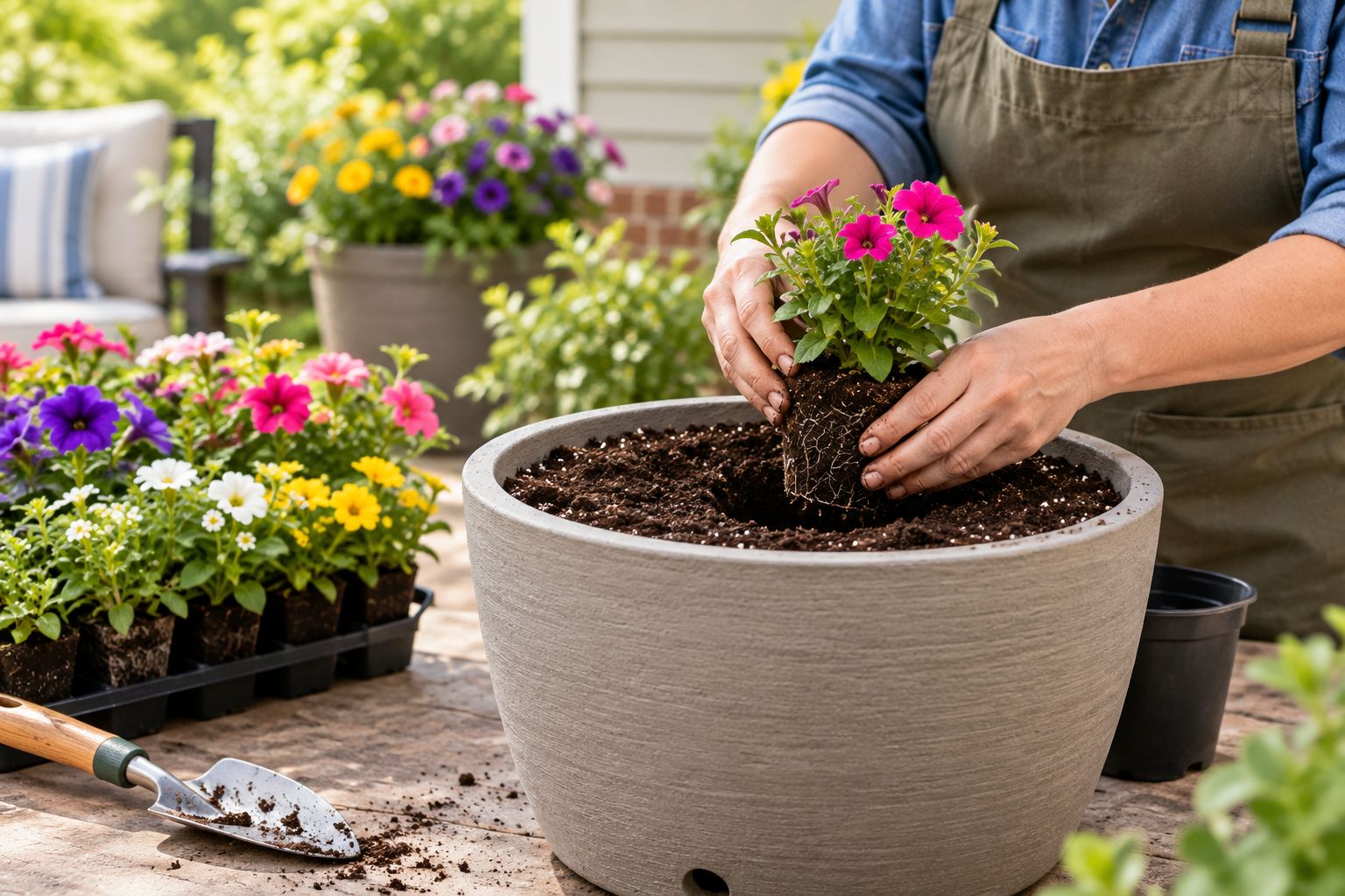 Hands placing a young flower plug into potting mix in a patio container