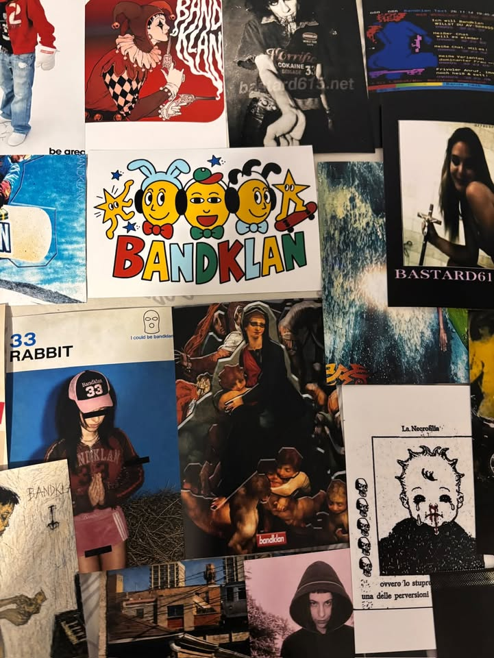 Arrangement of printed BANDKLAN graphics and photographs, including illustrated lettering and portraits.