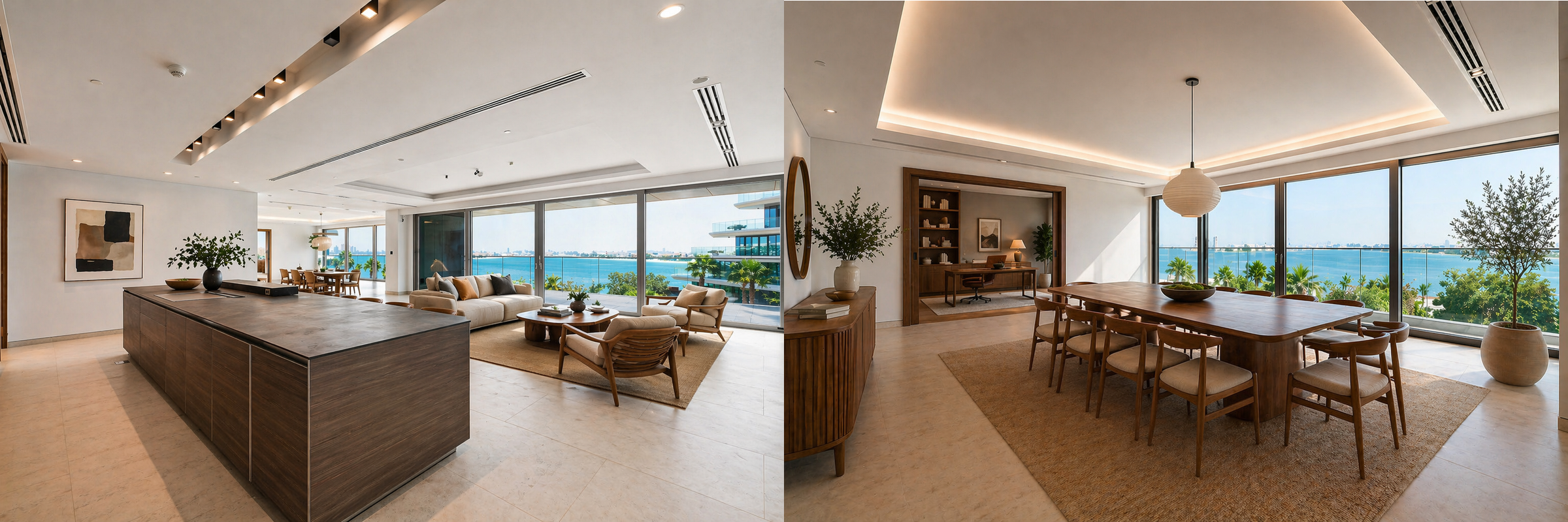 Living room and dining area with waterfront views at the Huspy Signature launch residence.