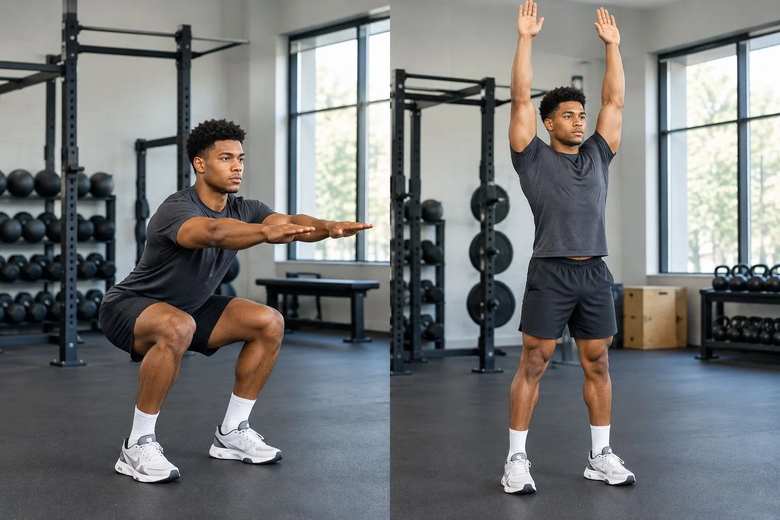 An athlete checking shirt coverage and trouser movement during a squat and overhead reach.