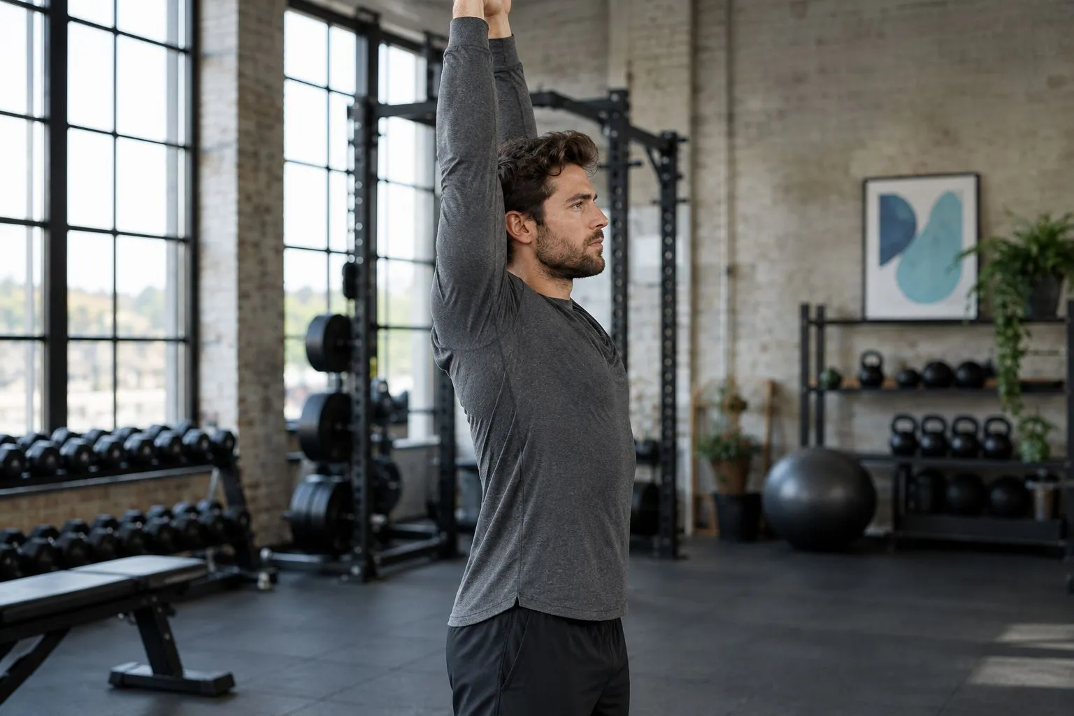 Side view of an athlete checking long-sleeve shirt movement with an overhead reach