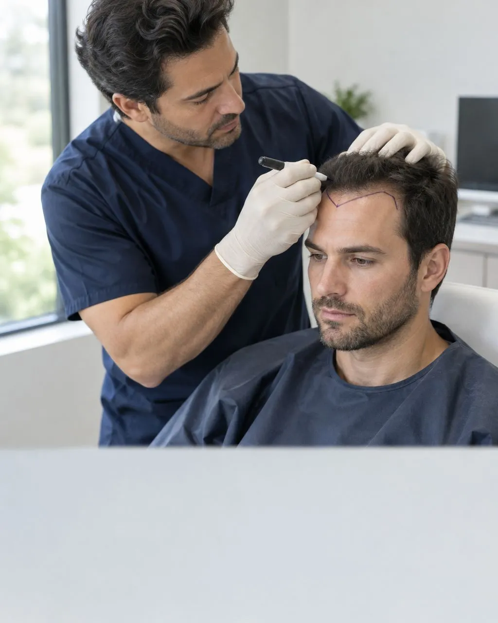 Hair restoration surgeon marking a V-shaped widow's peak hairline design on a patient's forehead during a consultation
