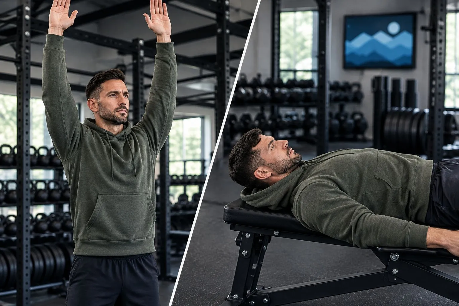 An athlete checks hoodie sleeve clearance overhead and hood placement on a flat bench.