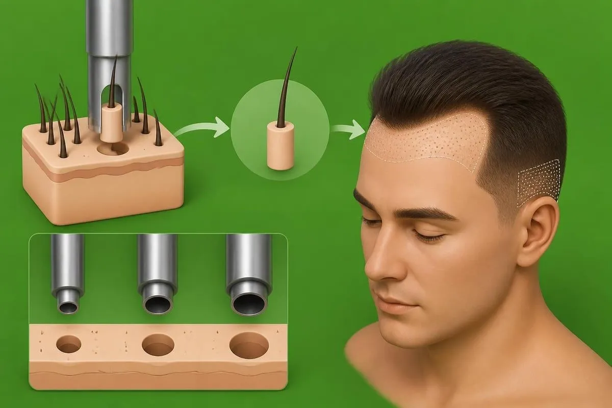 Illustration of FUE hair transplant extraction and placement