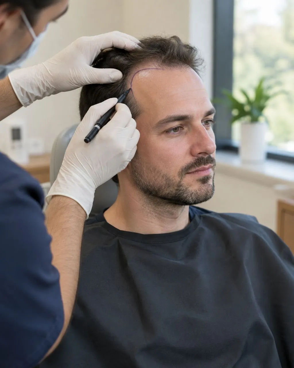 Surgeon marking a natural hairline design on a patient with a receding hairline