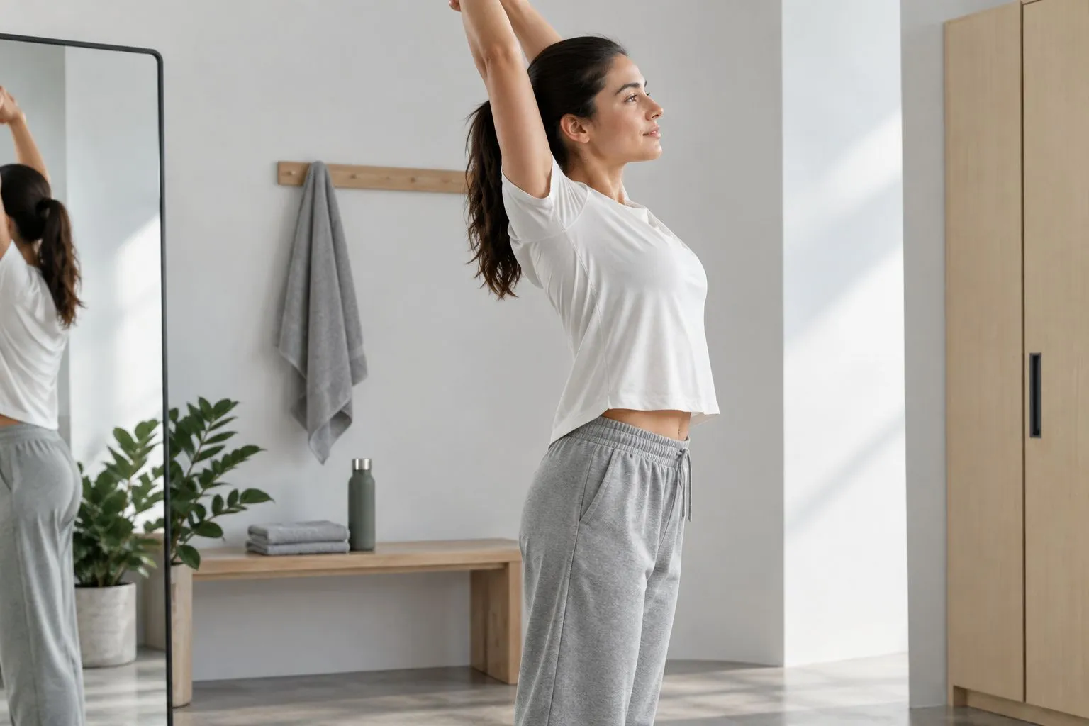 Athlete checking how a plain shirt and sweatpants fit during an overhead reach