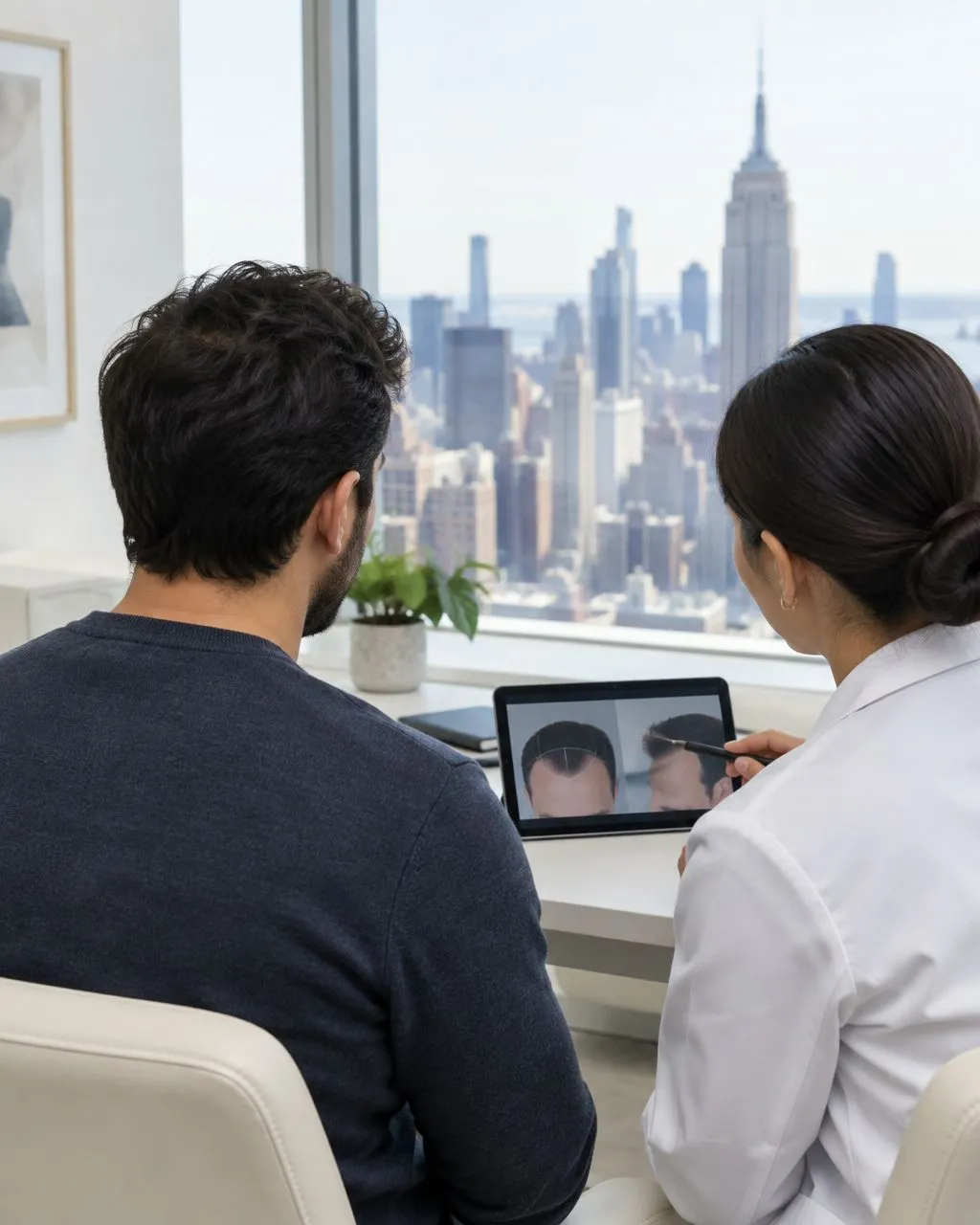 Illustrative New York hair restoration consultation with Manhattan skyline
