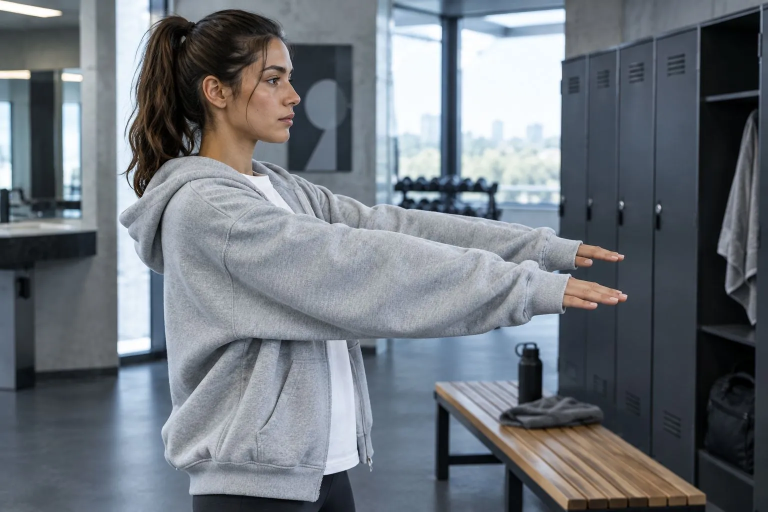 Athlete checking whether oversized hoodie cuffs stay clear of the hands during a forward reach