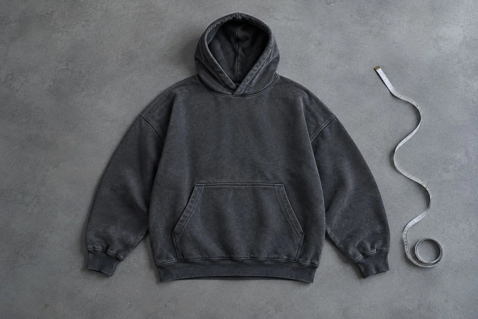 A plain hoodie laid flat for checking chest width, sleeve length, shoulder seams, and hem.