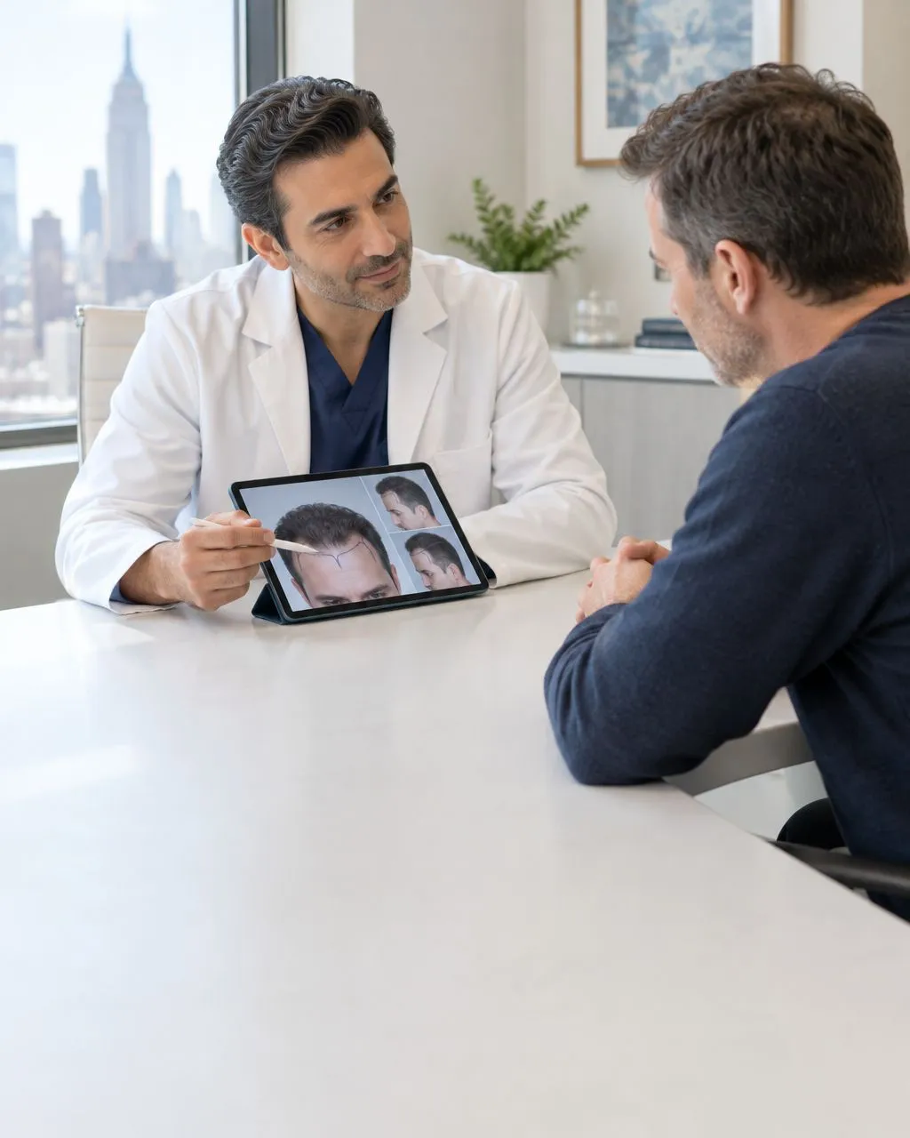 Surgeon reviewing a natural hairline design on a tablet with a patient during a hair restoration consultation