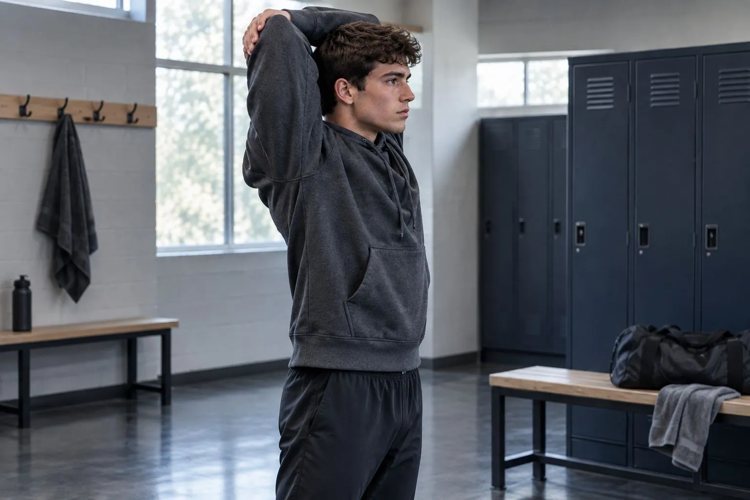 Athlete checking hoodie sleeve coverage and hem position during an overhead reach