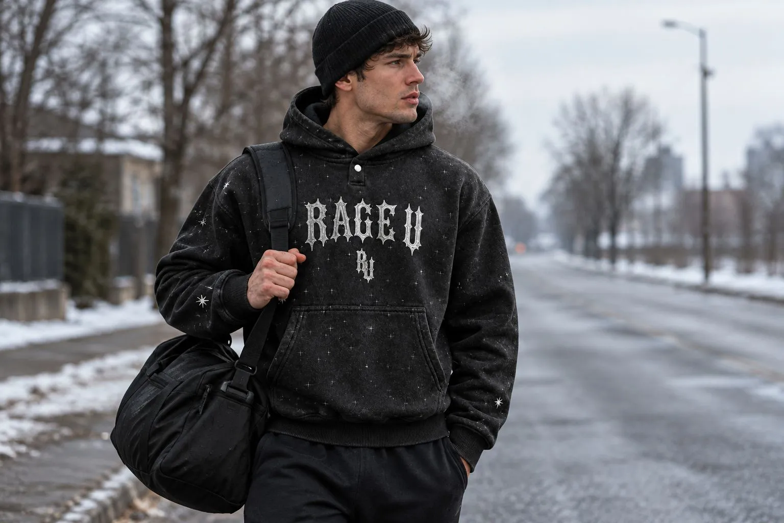 Athlete wearing the StarFall Hoodie outdoors on a cold training morning