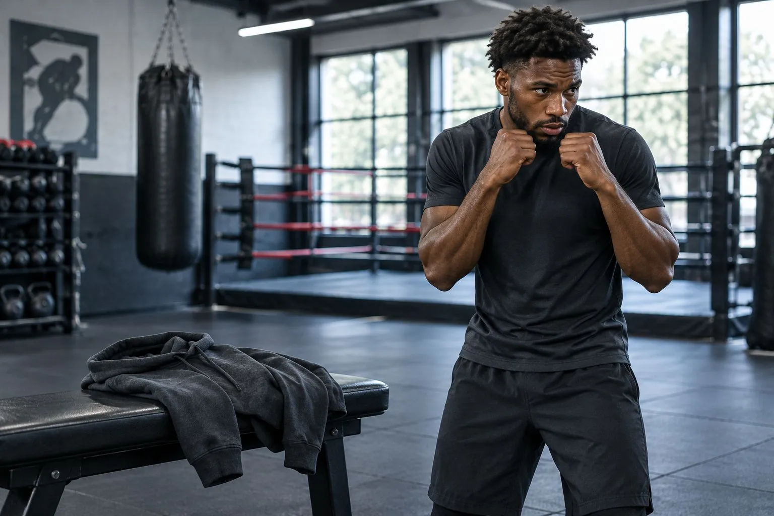A hoodie rests on a gym bench while an athlete prepares to train in a plain shirt.