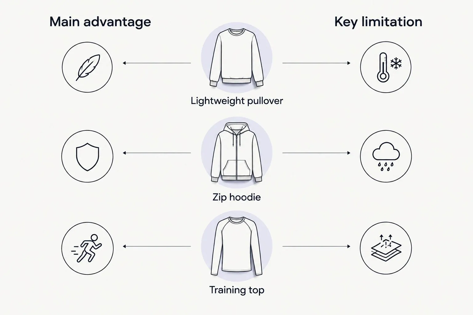 Three clothing options compared by main advantage and key limitation.
