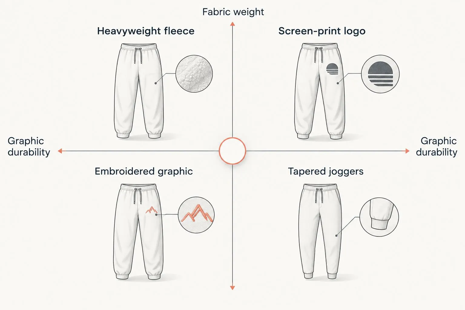 2x2 matrix comparing fabric weight and graphic durability across sweatpants styles