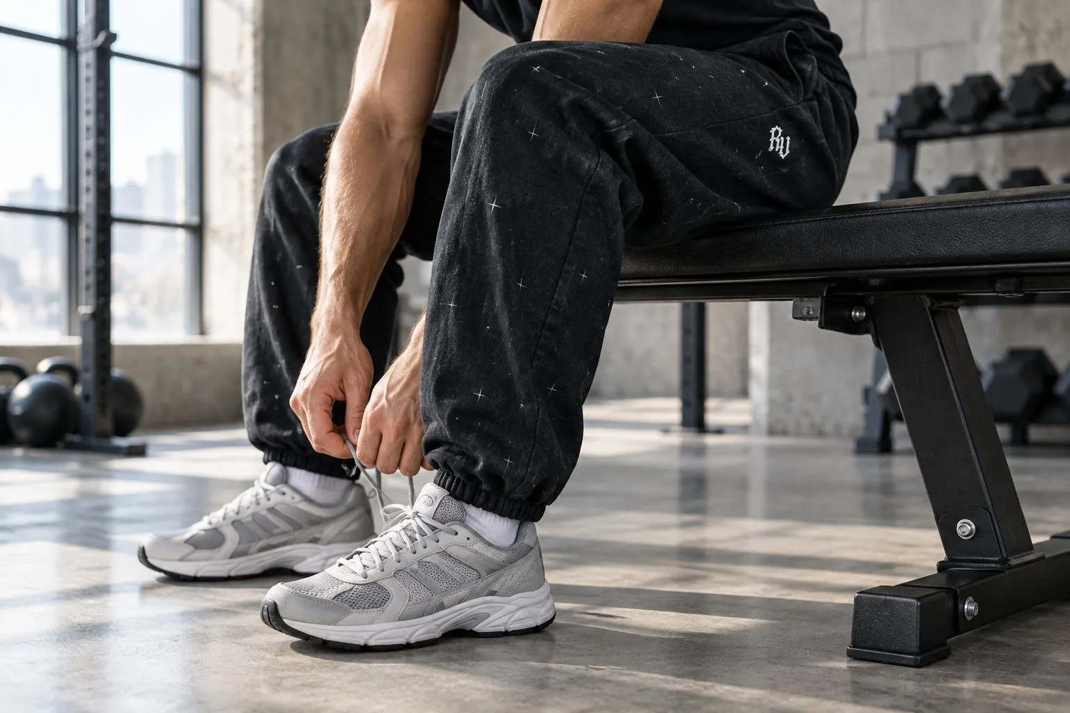 Athlete wearing graphic sweatpants while lacing up shoes on a gym bench