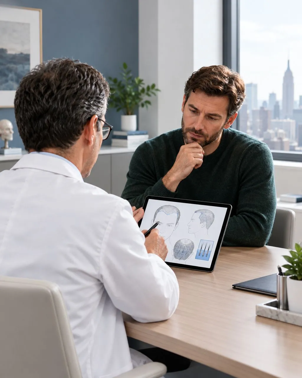 Hair restoration surgeon explaining a Sapphire FUE hairline plan on a tablet to a patient in a New York clinic