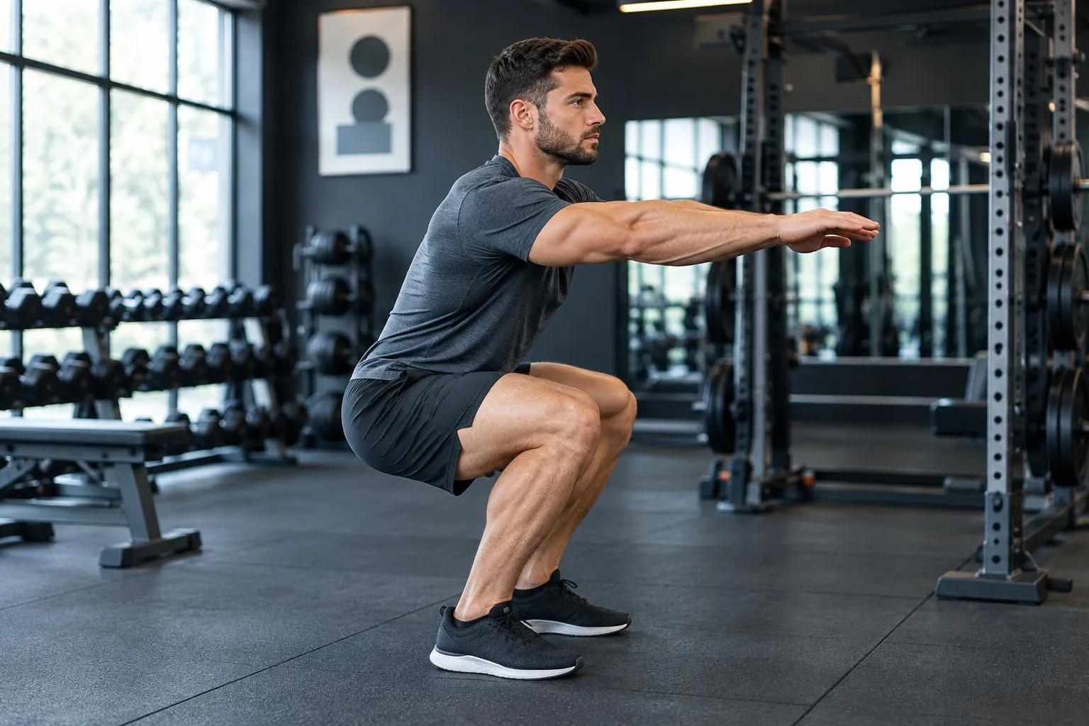 Side view of an athlete checking shirt and shorts fit during an unloaded squat