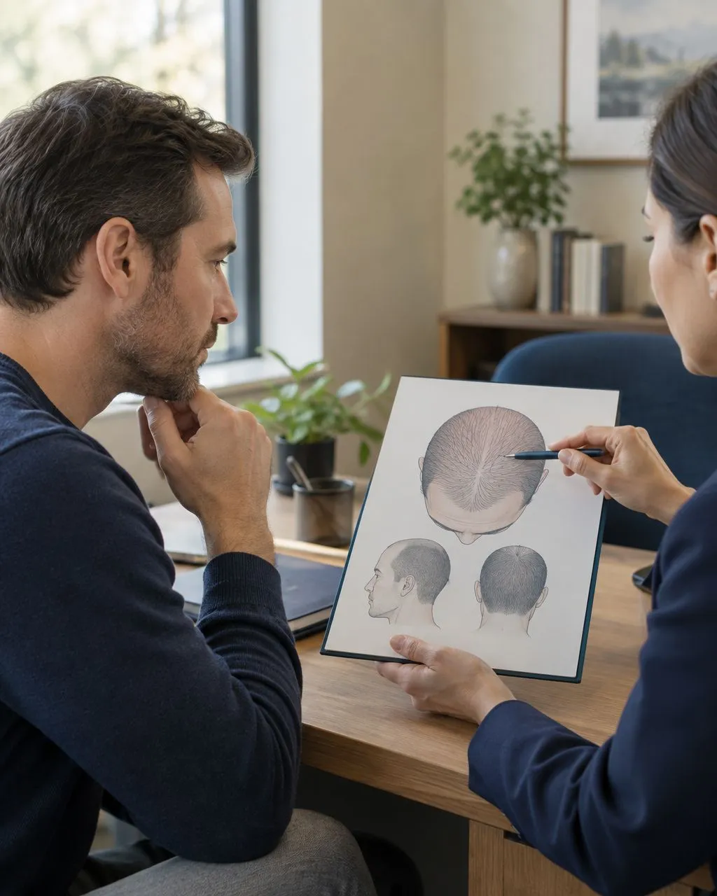 Illustrative FUE consultation reviewing hairline and donor planning