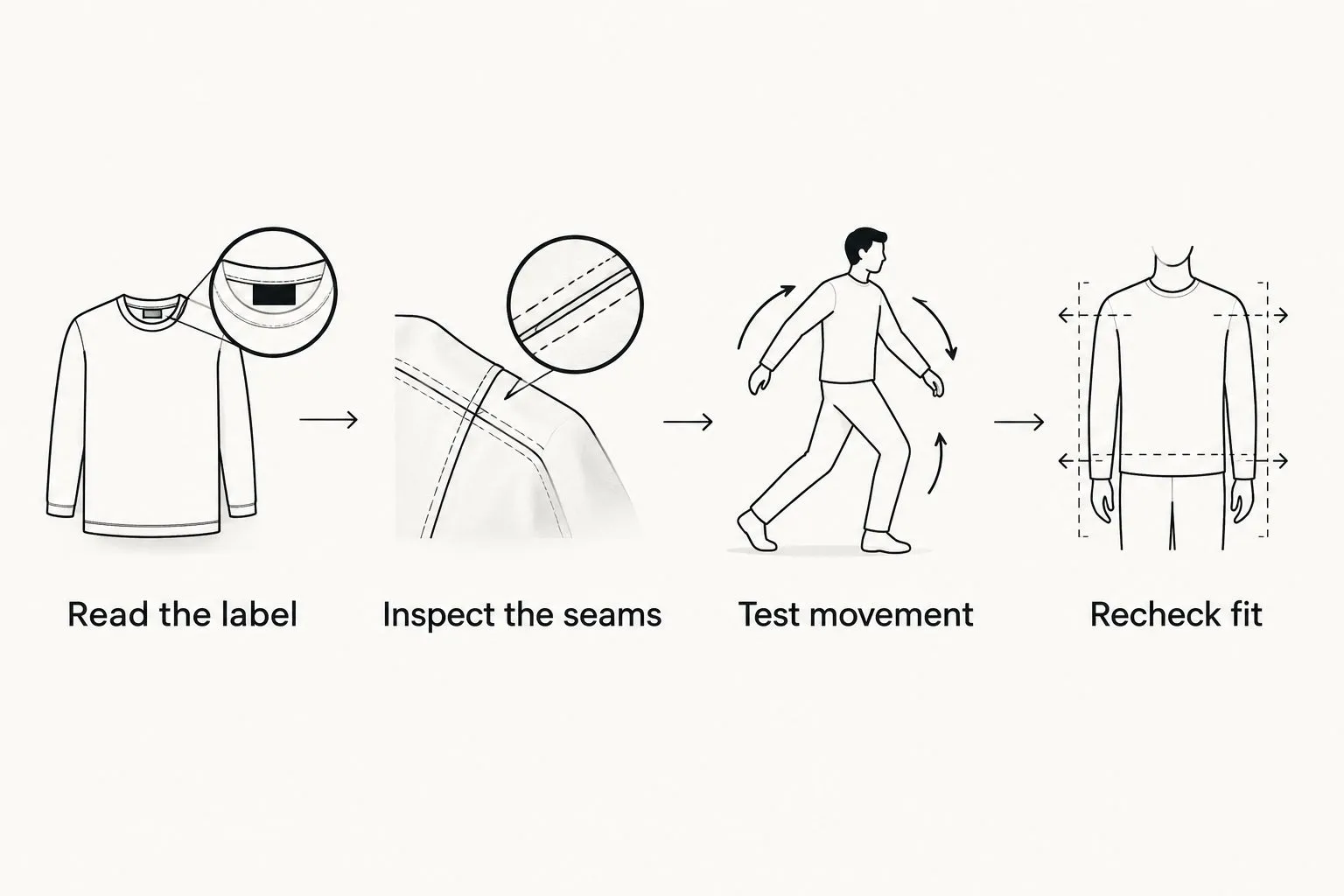 Four garment checks: label, seams, movement, and fit