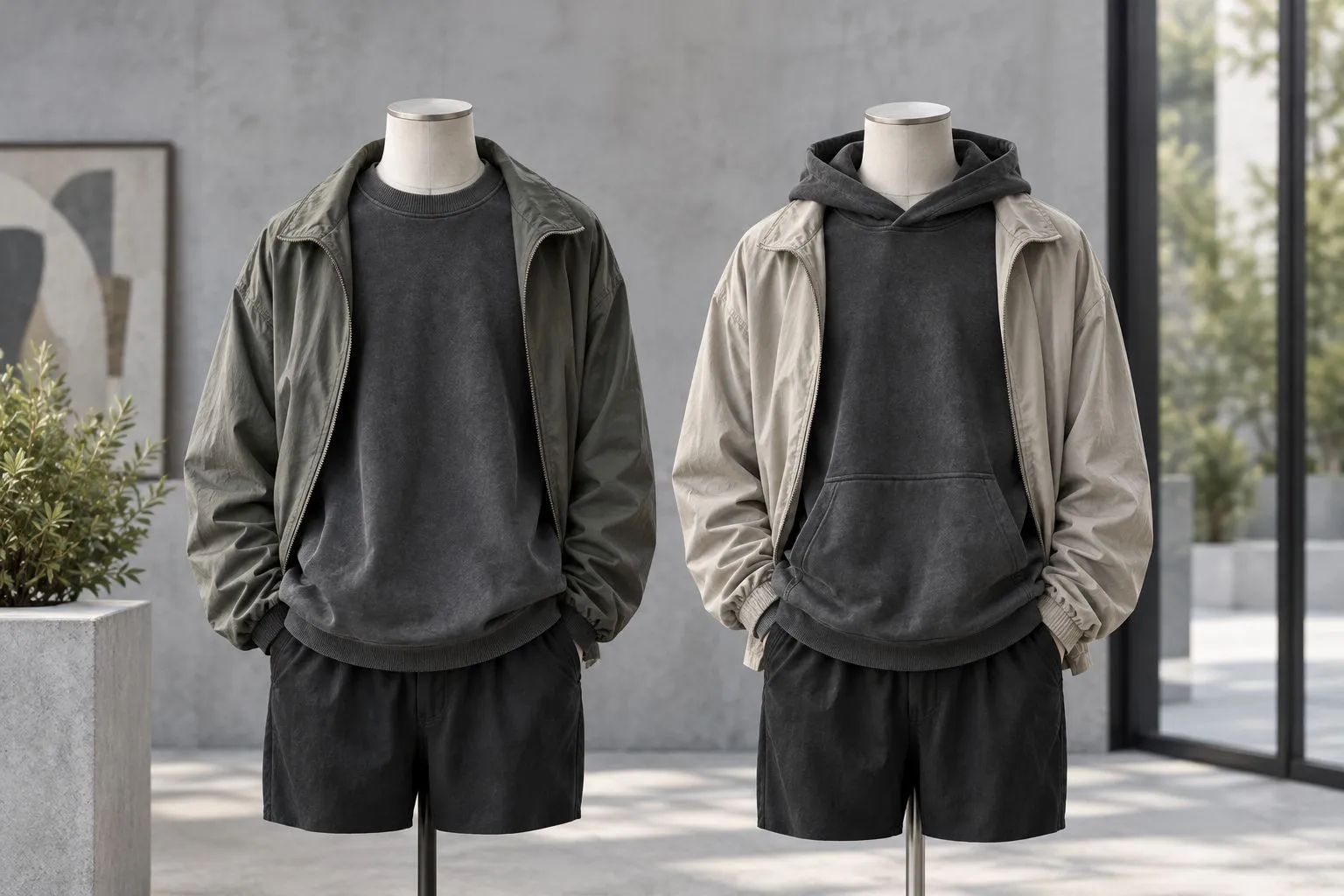 Crewneck and hoodie beneath open jackets, showing the difference in fabric around the neckline