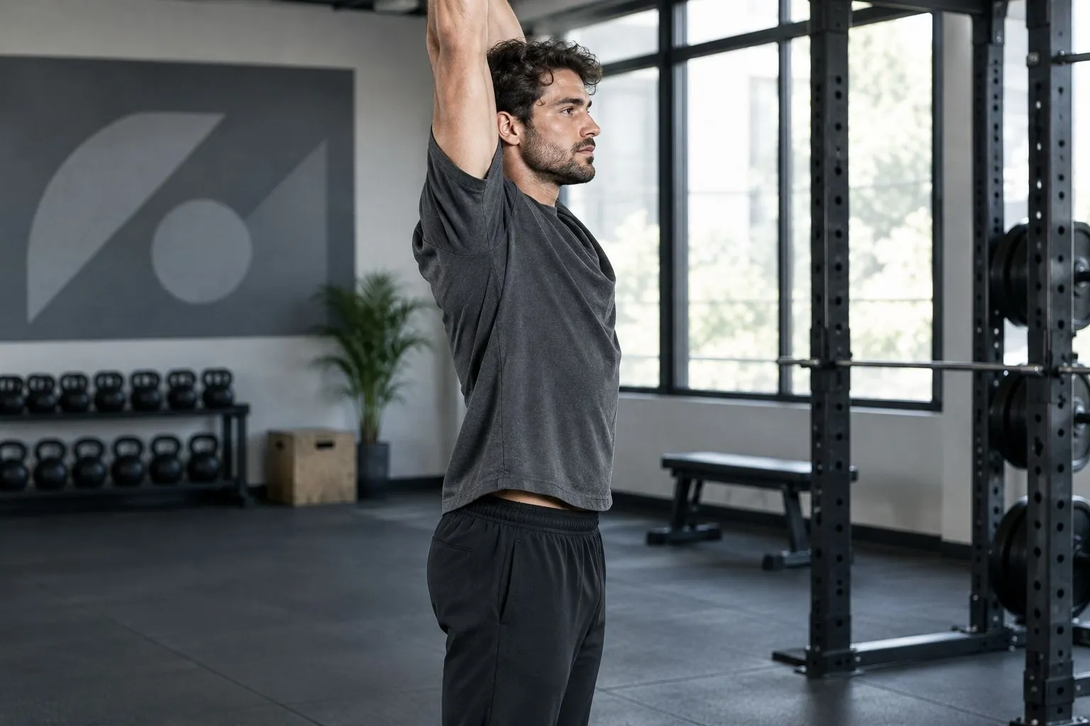 Personal trainer checking shirt movement during an overhead reach