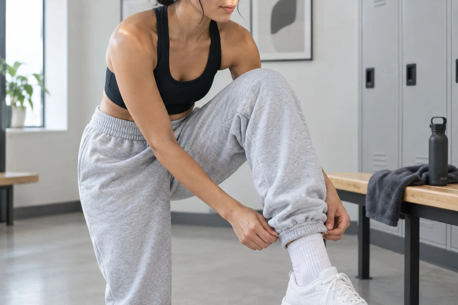 Athlete bending a knee to check sweatpants fit at the waist, knee and ankle