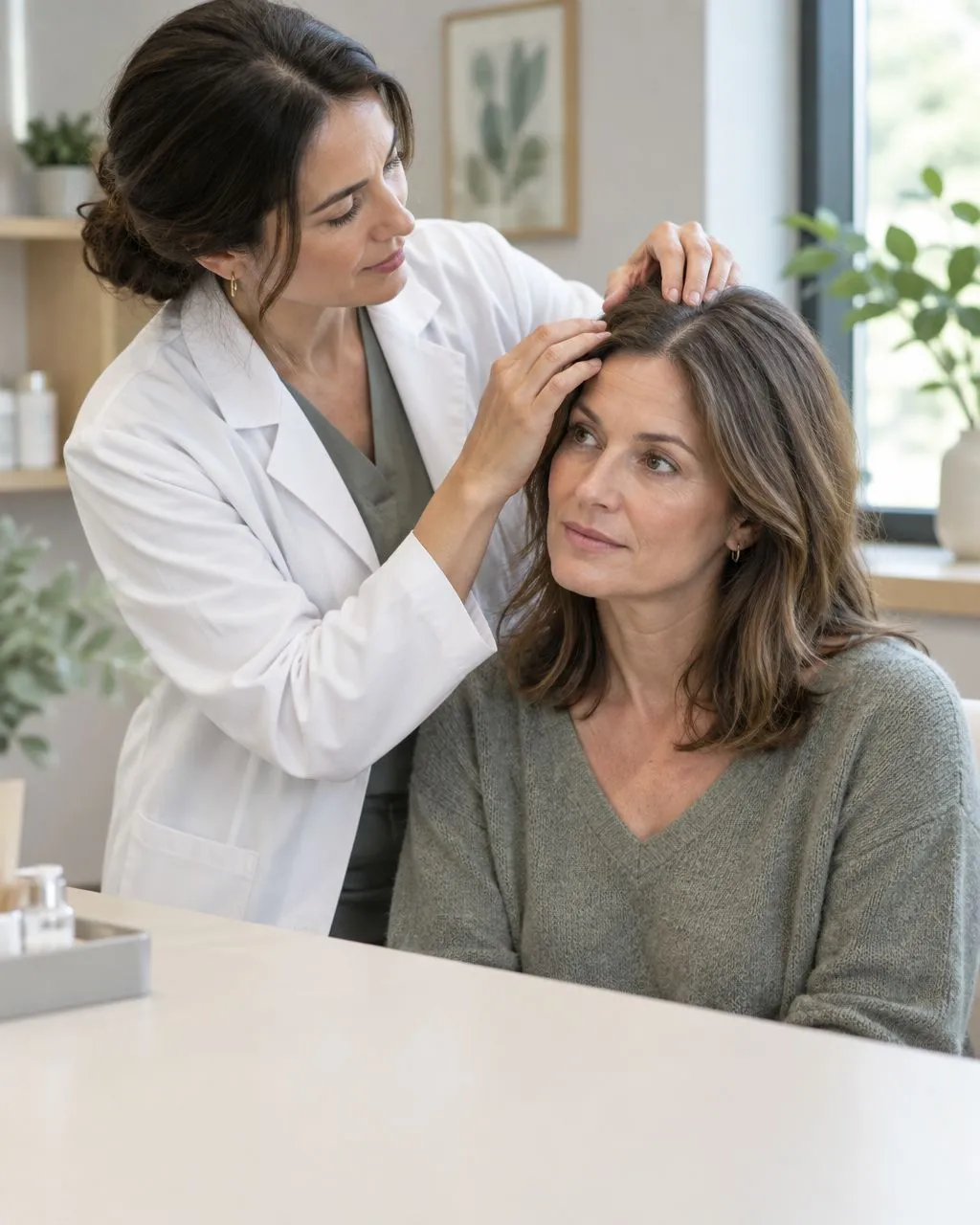 Clinician examining a woman's hair part line during a hair restoration consultation