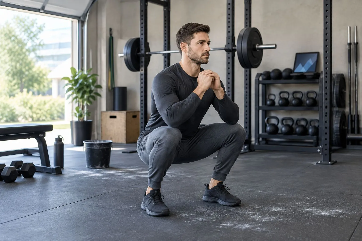Athlete mid-squat wearing tapered training joggers in a home gym