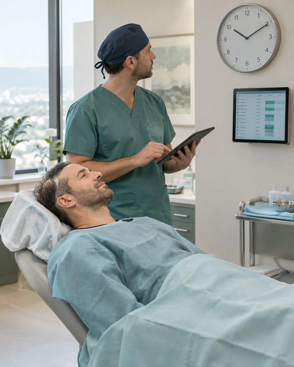 Hair transplant surgeon reviewing the day's graft schedule with a patient reclined in a clinic chair