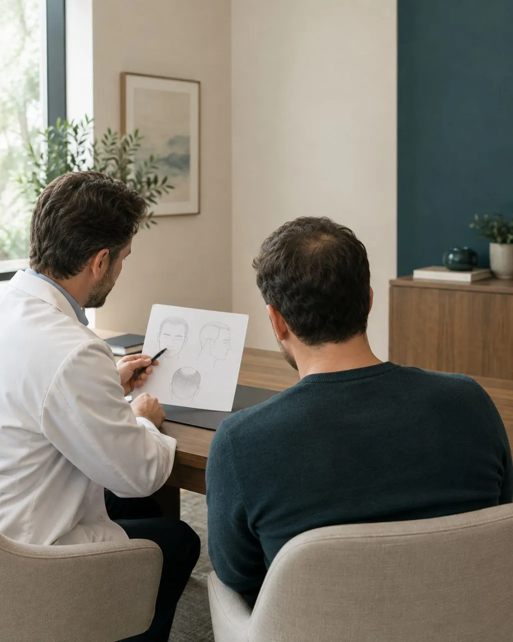 Illustrative hair restoration consultation discussing treatment choices