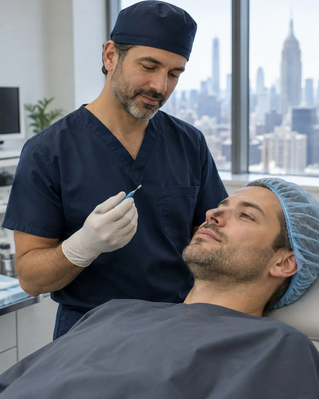 Hair restoration surgeon preparing a Sapphire FUE instrument beside a patient in a clinic