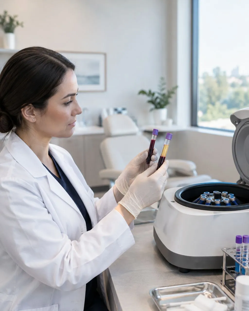 Clinician preparing platelet-rich plasma blood tubes beside a centrifuge in a hair restoration clinic