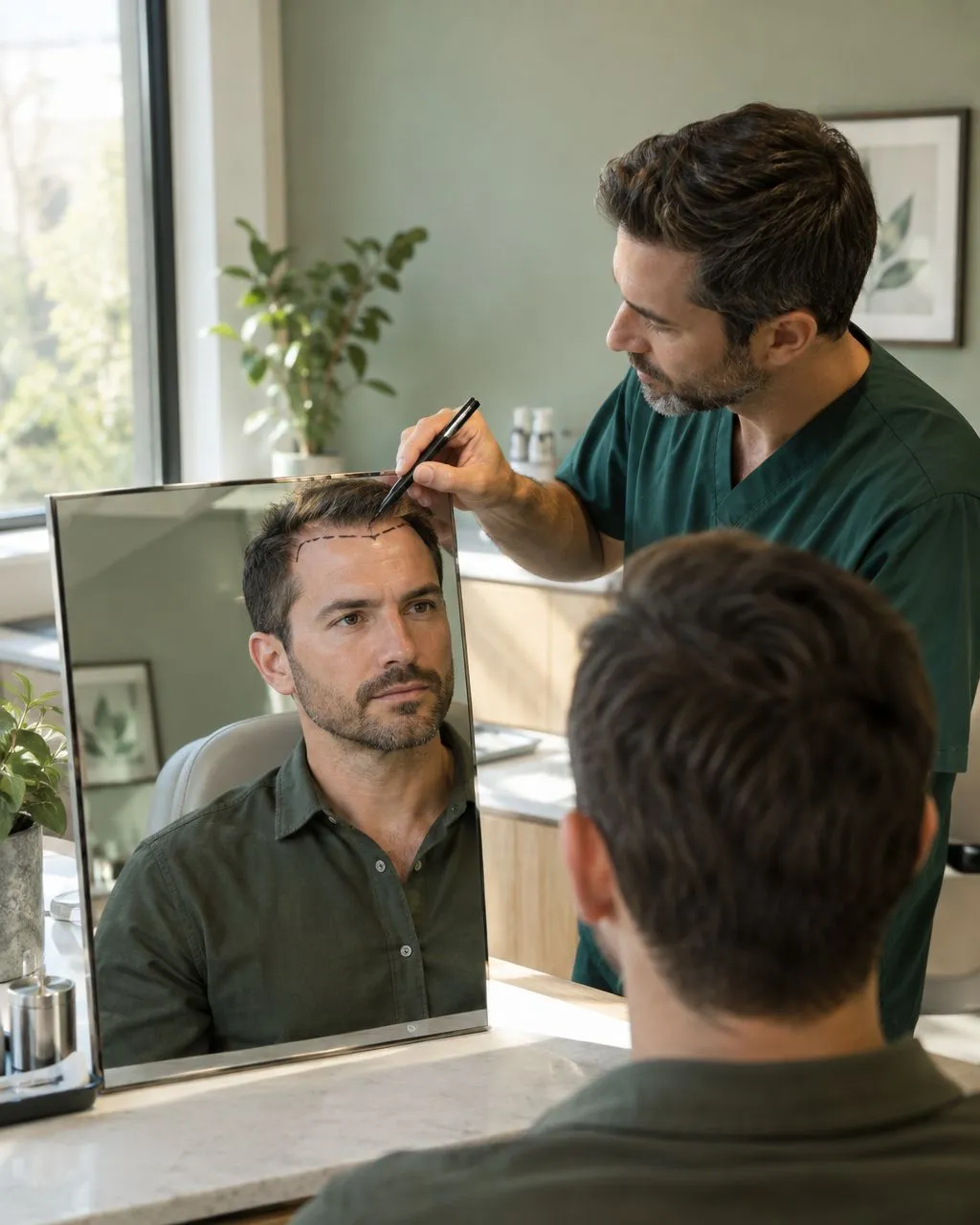 Surgeon marking a natural hairline design on a patient during a Brooklyn hair restoration consultation